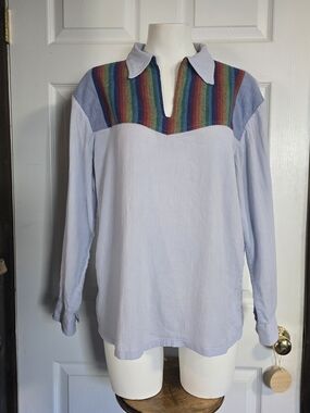 Light Blue Women’s Long-Sleeve Top with Rainbow Yoke